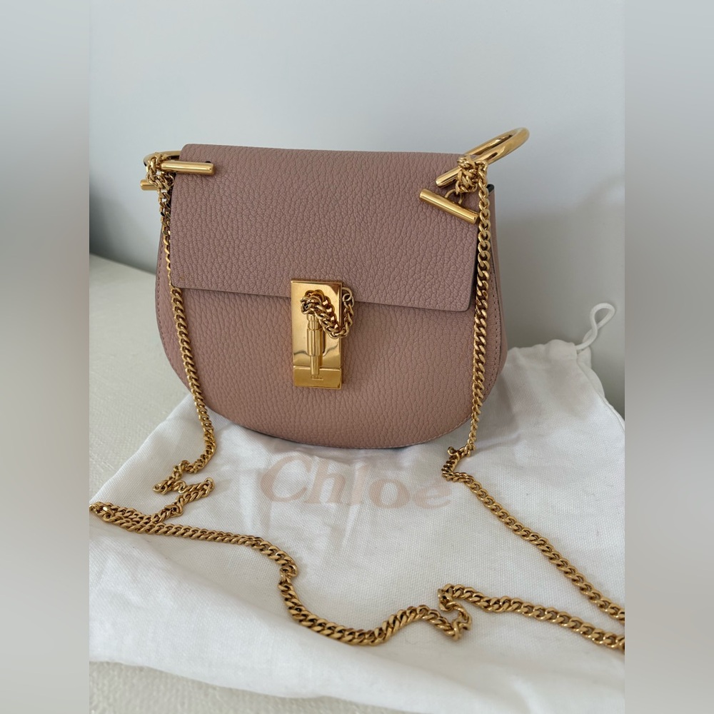 Chloe Grained Lambskin Mini Drew Shoulder Bag Cement Pink AUTHENTIC